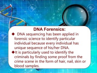 DNA Forensics:
 DNA sequencing has been applied in
forensic science to identify particular
individual because every individual has
unique sequence of his/her DNA.
It is particularly used to identify the
criminals by finding some proof from the
crime scene in the form of hair, nail, skin or
blood samples.
 