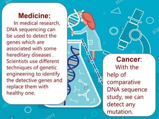 Medicine:
In medical research,
DNA sequencing can
be used to detect the
genes which are
associated with some
hereditary diseases .
Scientists use different
techniques of genetic
engineering to identify
the detective genes and
replace them with
healthy one.
Cancer:
With the
help of
comparative
DNA sequence
study, we can
detect any
mutation.
 