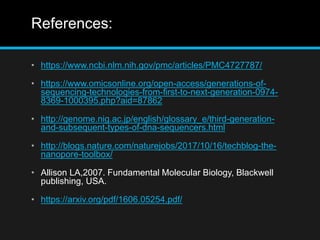References:
• https://www.ncbi.nlm.nih.gov/pmc/articles/PMC4727787/
• https://www.omicsonline.org/open-access/generations-of-
sequencing-technologies-from-first-to-next-generation-0974-
8369-1000395.php?aid=87862
• http://genome.nig.ac.jp/english/glossary_e/third-generation-
and-subsequent-types-of-dna-sequencers.html
• http://blogs.nature.com/naturejobs/2017/10/16/techblog-the-
nanopore-toolbox/
• Allison LA,2007. Fundamental Molecular Biology, Blackwell
publishing, USA.
• https://arxiv.org/pdf/1606.05254.pdf/
 