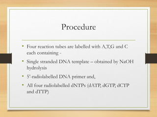 Procedure
• Four reaction tubes are labelled with A,T,G and C
each containing -
• Single stranded DNA template – obtained by NaOH
hydrolysis
• 5’-radiolabelled DNA primer and,
• All four radiolabelled dNTPs (dATP, dGTP, dCTP
and dTTP)
 
