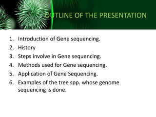 OUTLINE OF THE PRESENTATION
1. Introduction of Gene sequencing.
2. History
3. Steps involve in Gene sequencing.
4. Methods used for Gene sequencing.
5. Application of Gene Sequencing.
6. Examples of the tree spp. whose genome
sequencing is done.has been done
 