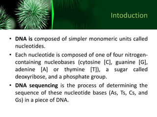Intoduction
• DNA is composed of simpler monomeric units called
nucleotides.
• Each nucleotide is composed of one of four nitrogen-
containing nucleobases (cytosine [C], guanine [G],
adenine [A] or thymine [T]), a sugar called
deoxyribose, and a phosphate group.
• DNA sequencing is the process of determining the
sequence of these nucleotide bases (As, Ts, Cs, and
Gs) in a piece of DNA.
 