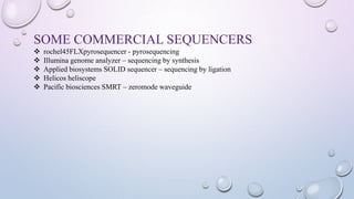 SOME COMMERCIAL SEQUENCERS
 rochel45FLXpyrosequencer - pyrosequencing
 Illumina genome analyzer – sequencing by synthesis
 Applied biosystems SOLID sequencer – sequencing by ligation
 Helicos heliscope
 Pacific biosciences SMRT – zeromode waveguide
 