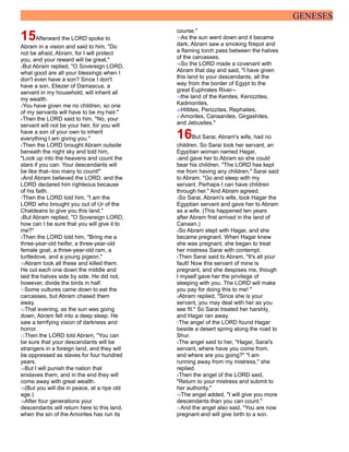 GENESES
15Afterward the LORD spoke to
Abram in a vision and said to him, "Do
not be afraid, Abram, for I will protect
you, and your reward will be great."
2But Abram replied, "O Sovereign LORD,
what good are all your blessings when I
don't even have a son? Since I don't
have a son, Eliezer of Damascus, a
servant in my household, will inherit all
my wealth.
3You have given me no children, so one
of my servants will have to be my heir."
4Then the LORD said to him, "No, your
servant will not be your heir, for you will
have a son of your own to inherit
everything I am giving you."
5Then the LORD brought Abram outside
beneath the night sky and told him,
"Look up into the heavens and count the
stars if you can. Your descendants will
be like that--too many to count!"
6And Abram believed the LORD, and the
LORD declared him righteous because
of his faith.
7Then the LORD told him, "I am the
LORD who brought you out of Ur of the
Chaldeans to give you this land."
8But Abram replied, "O Sovereign LORD,
how can I be sure that you will give it to
me?"
9Then the LORD told him, "Bring me a
three-year-old heifer, a three-year-old
female goat, a three-year-old ram, a
turtledove, and a young pigeon."
10Abram took all these and killed them.
He cut each one down the middle and
laid the halves side by side. He did not,
however, divide the birds in half.
11Some vultures came down to eat the
carcasses, but Abram chased them
away.
12That evening, as the sun was going
down, Abram fell into a deep sleep. He
saw a terrifying vision of darkness and
horror.
13Then the LORD told Abram, "You can
be sure that your descendants will be
strangers in a foreign land, and they will
be oppressed as slaves for four hundred
years.
14But I will punish the nation that
enslaves them, and in the end they will
come away with great wealth.
15(But you will die in peace, at a ripe old
age.)
16After four generations your
descendants will return here to this land,
when the sin of the Amorites has run its
course."
17As the sun went down and it became
dark, Abram saw a smoking firepot and
a flaming torch pass between the halves
of the carcasses.
18So the LORD made a covenant with
Abram that day and said, "I have given
this land to your descendants, all the
way from the border of Egypt to the
great Euphrates River--
19the land of the Kenites, Kenizzites,
Kadmonites,
20Hittites, Perizzites, Rephaites,
21Amorites, Canaanites, Girgashites,
and Jebusites."
16But Sarai, Abram's wife, had no
children. So Sarai took her servant, an
Egyptian woman named Hagar,
2and gave her to Abram so she could
bear his children. "The LORD has kept
me from having any children," Sarai said
to Abram. "Go and sleep with my
servant. Perhaps I can have children
through her." And Abram agreed.
3So Sarai, Abram's wife, took Hagar the
Egyptian servant and gave her to Abram
as a wife. (This happened ten years
after Abram first arrived in the land of
Canaan.)
4So Abram slept with Hagar, and she
became pregnant. When Hagar knew
she was pregnant, she began to treat
her mistress Sarai with contempt.
5Then Sarai said to Abram, "It's all your
fault! Now this servant of mine is
pregnant, and she despises me, though
I myself gave her the privilege of
sleeping with you. The LORD will make
you pay for doing this to me! "
6Abram replied, "Since she is your
servant, you may deal with her as you
see fit." So Sarai treated her harshly,
and Hagar ran away.
7The angel of the LORD found Hagar
beside a desert spring along the road to
Shur.
8The angel said to her, "Hagar, Sarai's
servant, where have you come from,
and where are you going?" "I am
running away from my mistress," she
replied.
9Then the angel of the LORD said,
"Return to your mistress and submit to
her authority."
10The angel added, "I will give you more
descendants than you can count."
11And the angel also said, "You are now
pregnant and will give birth to a son.
 