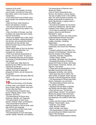 GENESES
creatures of the earth."
18Shem, Ham, and Japheth, the three
sons of Noah, survived the Flood with
their father. (Ham is the ancestor of the
Canaanites.)
19From these three sons of Noah came
all the people now scattered across the
earth.
20After the Flood, Noah became a
farmer and planted a vineyard.
21One day he became drunk on some
wine he had made and lay naked in his
tent.
22Ham, the father of Canaan, saw that
his father was naked and went outside
and told his brothers.
23Shem and Japheth took a robe, held it
over their shoulders, walked backward
into the tent, and covered their father's
naked body. As they did this, they
looked the other way so they wouldn't
see him naked.
24When Noah woke up from his drunken
stupor, he learned what Ham, his
youngest son, had done.
25Then he cursed the descendants of
Canaan, the son of Ham: "A curse on
the Canaanites! May they be the lowest
of servants to the descendants of Shem
and Japheth."
26Then Noah said, "May Shem be
blessed by the LORD my God; and may
Canaan be his servant.
27May God enlarge the territory of
Japheth, and may he share the
prosperity of Shem; and let Canaan be
his servant."
28Noah lived another 350 years after the
Flood.
29He was 950 years old when he died.
10This is the history of the families
of Shem, Ham, and Japheth, the three
sons of Noah. Many children were born
to them after the Flood.
2The descendants of Japheth were
Gomer, Magog, Madai, Javan, Tubal,
Meshech, and Tiras.
3The descendants of Gomer were
Ashkenaz, Riphath, and Togarmah.
4The descendants of Javan were
Elishah, Tarshish, Kittim, and Rodanim.
5Their descendants became the
seafaring peoples in various lands, each
tribe with its own language.
6The descendants of Ham were Cush,
Mizraim, Put, and Canaan.
7The descendants of Cush were Seba,
Havilah, Sabtah, Raamah, and Sabteca.
The descendants of Raamah were
Sheba and Dedan.
8One of Cush's descendants was
Nimrod, who became a heroic warrior.
9He was a mighty hunter in the LORD's
sight. His name became proverbial, and
people would speak of someone as
being "like Nimrod, a mighty hunter in
the LORD's sight."
10He built the foundation for his empire
in the land of Babylonia, with the cities
of Babel, Erech, Akkad, and Calneh.
11From there he extended his reign to
Assyria, where he built Nineveh,
Rehoboth-ir, Calah,
12and Resen--the main city of the empire,
located between Nineveh and Calah.
13Mizraim was the ancestor of the
Ludites, Anamites, Lehabites,
Naphtuhites,
14Pathrusites, Casluhites, and the
Caphtorites, from whom the Philistines
came.
15Canaan's oldest son was Sidon, the
ancestor of the Sidonians. Canaan was
also the ancestor of the Hittites,
16Jebusites, Amorites, Girgashites,
17Hivites, Arkites, Sinites,
18Arvadites, Zemarites, and Hamathites.
19Eventually the territory of Canaan
spread from Sidon to Gerar, near Gaza,
and to Sodom, Gomorrah, Admah, and
Zeboiim, near Lasha.
20These were the descendants of Ham,
identified according to their tribes,
languages, territories, and nations.
21Sons were also born to Shem, the
older brother of Japheth. Shem was the
ancestor of all the descendants of Eber.
22The descendants of Shem were Elam,
Asshur, Arphaxad, Lud, and Aram.
23The descendants of Aram were Uz,
Hul, Gether, and Mash.
24Arphaxad was the father of Shelah,
and Shelah was the father of Eber.
25Eber had two sons. The first was
named Peleg--"division"--for during his
lifetime the people of the world were
divided into different language groups
and dispersed. His brother's name was
Joktan.
26Joktan was the ancestor of Almodad,
Sheleph, Hazarmaveth, Jerah,
27Hadoram, Uzal, Diklah,
28Obal, Abimael, Sheba,
29Ophir, Havilah, and Jobab.
30The descendants of Joktan lived in the
area extending from Mesha toward the
eastern hills of Sephar.
31These were the descendants of Shem,
 