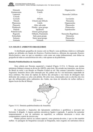 Universidade Estadual de Montes Claros
        Curso de Zootecnia – Gênese, Morfologia e Classificação do Solo - Prof. Marcos Koiti Kondo                           101


    Histosols                                  Histosols                                                Organossolos
  Kastanozems                                   Ustolls                                                        -
    Leptosols                                      -                                                  Neossolos Litólicos
     Lixisols                                      -                                                           -
    Luvisols                                    Alfisols                                                  Luvissolos
     Nitisols                            Ultisols and Alfisols                                            Nitossolos
   Phaeozems                                     Udolls                                                 Organossolos
    Planosols                               Albic sub-order                                              Planossolos
   Plinthosols                           Plinthic great groups                                           Plintossolos
     Podzols                                   Spodosols                                                Espodossolos
  Podzoluvisols                          Glossic great groups                                                  -
    Regosols                             Orthents, Psamments                                         Neossolos Regolíticos
   Solonchaks                             Salic great groups                                              Gleissolos
    Solonetz                              Natric great groups                                            Planossolos
    Vertisols                                  Vertisols                                                 Vertissolos


11.9. SOLOS E AMBIENTES BRASILEIROS

       A distribuição geográfica do recurso solo no Brasil e seus problemas relativos à utilização
podem ser definidos em função de Domínios Pedobioclimáticos, diferente da expressão Domínio
Morfoclimático, uma vez que se considera o solo como um corpo tridimensional, com ênfase na
geografia de todas as características do solo, e não apenas na da pedoforma.

Domínio Pedobioclimático da Amazônia

       Área coberta por florestas equatorial e tropical (Figura 11.9.1). A floresta com muitas
palmáceas (babaçu) começa na divisa do AM/PA, para leste. Há cerrado nas transições, nas divisas
do Brasil ao norte e em direção ao Planalto Central ao sul. São comuns Latossolos Amarelos e
Argissolos Amarelos álicos (alta saturação por Al), pobres em Fe e de baixíssima capacidade de
troca catiônica. Nas áreas de ruptura do declive das elevações e nos locais de drenagem mais
deficiente são comuns os solos com plintita. Há solos ricos, relacionados com os aluviões dos rios
que são influenciados pelos sedimentos dos Andes, nas áreas de intrusões de rochas máficas e
alguns locais da ilha de Marajó.




Figura 11.9.1. Domínio pedobioclimático da Amazônia.

       Os Latossolos e Argissolos são tipicamente cauliníticos e goethíticos e possuem um
horizonte A delgado. A riqueza química encontra-se ligada à vegetação. A queima faz aumentar
temporariamente o teor de nutrientes na superfície; as colheitas decrescem a níveis não
compensadores a partir do terceiro ano.
       Plantas perenes nativas ou cultura especial, como pimenta-do-reino, é que se têm mantido
melhor. As pastagens de braquiárias (exceção ao braquiarão, mais exigente em nutrientes) têm-se
 