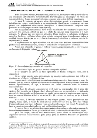 Universidade Estadual de Montes Claros
         Curso de Zootecnia – Gênese, Morfologia e Classificação do Solo - Prof. Marcos Koiti Kondo            9


3. O SOLO COMO PARTE ESSENCIAL DO MEIO AMBIENTE

        Solos são corpos naturais, tridimensionais, multifásicos, multicomponentes e multivariáveis
que apresentam, verticalmente e horizontalmente, diferentes graus de anisotropia11 em relação às
suas características físicas, químicas e biológicas, ocupando uma posição definida na paisagem.
        A soma de conjuntos de características físico-químicas permite o agrupamento destes
indivíduos em classes, possibilitando a sua estratificação (classificação, organização, etc.) em
grupos com propriedades relativamente homogêneas e, conseqüentemente, categorias com
potenciais de utilização para diversos fins (objetivos).
       Para a adequada compreensão do papel do solo no ambiente, deve-se observá-lo como fator
ecológico. Por ecologia, entende-se que é o estudo das relações entre organismos e o meio
ambiente. As plantas que nos fornecem alimentos, fibras, madeiras e substâncias medicinais
dependem dos fatores ecológicos: clima, solo e biota (organismos). Neste último fator está inclusa a
atividade humana. O solo, por sua vez, é função de combinações de clima, organismos, material de
origem (rocha) e tempo.
       A disponibilidade de água, nutrientes e ar nos solos varia bastante, condicionando uma
produtividade diferente das culturas, quando os outros fatores são considerados constantes.
       Assim, com o tetraedro (Figura 3.1) pode-se visualizar, esquematicamente, as inter-relações
de dependência dos quatro vértices.
                                                 ORGANISMOS

                                                                       INFLUÊNCIA DOS ASPECTOS
                                                                       SOCIOECONÔMICOS




                                    SOLO                                   CLIMA
Figura 3.1. Inter-relações representadas pelo tetraedro.
        No tetraedro da figura 3.1, pode-se observar os seguintes aspectos:
        a) no tetraedro, os vértices da base representam os fatores ecológicos: clima, solo e
organismos;
        b) no vértice superior estão representados os aspectos socioeconômicos que podem se
relacionar aos três fatores ecológicos da base;
        c) as arestas do tetraedro representam as inter-relações respectivas. Por exemplo: a aresta do
tetraedro que liga clima e aspectos socioeconômicos quer representar as relações entre estes dois
vértices especificamente, ou seja, a influência dos fatores climáticos sobre os aspectos
socioeconômicos;
        d) as faces do tetraedro apresentam um nível maior de inter-relações, isto é, entre três
vértices. Por exemplo: no triângulo (face) clima-solo-aspectos socioeconômicos é facilmente
perceptível a inter-relação, em linhas gerais, no quadro que se presencia atualmente, por exemplo,
entre as áreas do Planalto Atlântico (no sul do ES, RJ e mesmo no Nordeste, etc.) e o Brasil
subárido;
        e) o sólido, o tetraedro representa as inter-relações globais. Nossas preocupações não
chegam, muitas vezes, a passar das inter-relações unidimensionais, isto é, entre dois vértices
(representados por uma linha) e algumas vezes sem dimensão alguma (um ponto). No entanto, os
fatos se encontram inter-relacionados em todo o sólido (três dimensões);
        f) como os fatores nos vértices do tetraedro podem sofrer mudanças, alterando seu campo de
inter-relações com os outros fatores, poder-se-ia adicionar, extra tetraedro, um outro fator: tempo;
        g) o fator tempo, como se verá posteriormente, poderá alterar as inter-relações solo-
organismos-aspectos socioeconômicos para grande parte do território brasileiro nos próximos
decênios.


11
  anisotropia: qualidade de certas substâncias ou corpos de apresentarem variações de uma determinada propriedade
conforme a direção que se examine. O perfil do solo tem anisotropia vertical devido à presença de horizontes
pedogenéticos; a passagem lateral de um tipo de solo para outro produz anisotropia horizontal.
 