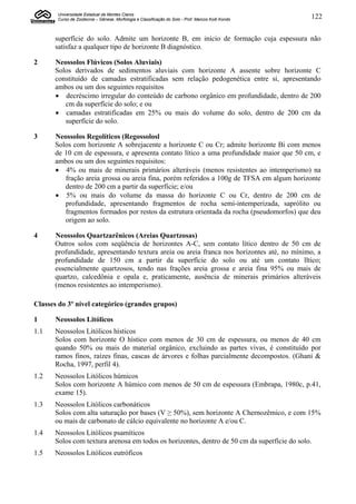Universidade Estadual de Montes Claros
       Curso de Zootecnia – Gênese, Morfologia e Classificação do Solo - Prof. Marcos Koiti Kondo   122


      superfície do solo. Admite um horizonte B, em início de formação cuja espessura não
      satisfaz a qualquer tipo de horizonte B diagnóstico.

2     Neossolos Flúvicos (Solos Aluviais)
      Solos derivados de sedimentos aluviais com horizonte A assente sobre horizonte C
      constituído de camadas estratificadas sem relação pedogenética entre si, apresentando
      ambos ou um dos seguintes requisitos
       decréscimo irregular do conteúdo de carbono orgânico em profundidade, dentro de 200
         cm da superfície do solo; e ou
       camadas estratificadas em 25% ou mais do volume do solo, dentro de 200 cm da
         superfície do solo.

3     Neossolos Regolíticos (Regossolosl
      Solos com horizonte A sobrejacente a horizonte C ou Cr; admite horizonte Bi com menos
      de 10 cm de espessura, e apresenta contato lítico a uma profundidade maior que 50 cm, e
      ambos ou um dos seguintes requisitos:
       4% ou mais de minerais primários alteráveis (menos resistentes ao intemperismo) na
         fração areia grossa ou areia fina, porém referidos a 100g de TFSA em algum horizonte
         dentro de 200 cm a partir da superfície; e/ou
       5% ou mais do volume da massa do horizonte C ou Cr, dentro de 200 cm de
         profundidade, apresentando fragmentos de rocha semi-intemperizada, saprólito ou
         fragmentos formados por restos da estrutura orientada da rocha (pseudomorfos) que deu
         origem ao solo.

4     Neossolos Quartzarênicos (Areias Quartzosas)
      Outros solos com seqüência de horizontes A-C, sem contato lítico dentro de 50 cm de
      profundidade, apresentando textura areia ou areia franca nos horizontes até, no mínimo, a
      profundidade de 150 cm a partir da superfície do solo ou até um contato lltico;
      essencialmente quartzosos, tendo nas frações areia grossa e areia fina 95% ou mais de
      quartzo, calcedônia e opala e, praticamente, ausência de minerais primários alteráveis
      (menos resistentes ao intemperismo).

Classes do 3º nível categórico (grandes grupos)

1      Neossolos Litólicos
1.1   Neossolos Litólicos hísticos
      Solos com horizonte O hístico com menos de 30 cm de espessura, ou menos de 40 cm
      quando 50% ou mais do material orgânico, excluindo as partes vivas, é constituído por
      ramos finos, raízes finas, cascas de árvores e folhas parcialmente decompostos. (Ghani &
      Rocha, 1997, perfil 4).
1.2   Neossolos Litólicos húmicos
      Solos com horizonte A húmico com menos de 50 cm de espessura (Embrapa, 1980c, p.41,
      exame 15).
1.3   Neossolos Litólicos carbonáticos
      Solos com alta saturação por bases (V ≥ 50%), sem horizonte A Chernozêmico, e com 15%
      ou mais de carbonato de cálcio equivalente no horizonte A e/ou C.
1.4   Neossolos Litólicos psamíticos
      Solos com textura arenosa em todos os horizontes, dentro de 50 cm da superfície do solo.
1.5   Neossolos Litólicos eutróficos
 