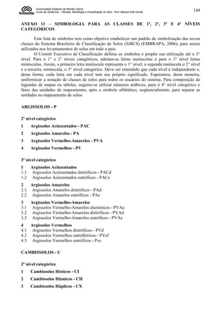 Universidade Estadual de Montes Claros
        Curso de Zootecnia – Gênese, Morfologia e Classificação do Solo - Prof. Marcos Koiti Kondo   144


ANEXO 11 – SIMBOLOGIA PARA AS CLASSES DE 1º, 2º, 3º E 4º NÍVEIS
CATEGÓRICOS

        Esta lista de símbolos tem como objetivo estabelecer um padrão de simbolização das novas
classes do Sistema Brasileiro de Classificação de Solos (SiBCS) (EMBRAPA, 2006), para serem
utilizados nos levantamentos de solos em todo o país.
        O Comitê Executivo de Classificação definiu os símbolos e propõe sua utilização até o 3°
nível. Para o 1° e 2° níveis categóricos, adotam-se letras maiúsculas e para o 3° nível letras
minúsculas. Assim, a primeira letra maiúscula representa o 1° nível, a segunda maiúscula o 2° nível
e a terceira, minúscula, o 3° nível categórico. Deve ser entendido que cada nível é independente e,
desta forma, cada letra em cada nível tem seu próprio significado. Esperamos, desta maneira,
uniformizar a notação de classes de solos para todos os usuários do sistema. Para composição de
legendas de mapas ou tabelas, sugeree-se utilizar números arábicos, para o 4° nível categórico e
fases das unidades de mapeamento, após o símbolo alfabético, seqüencialmente, para separar as
unidades no mapeamento de solos.

ARGISSOLOS - P

2º nível categórico
1    Argissolos Acinzentados - PAC
2    Argissolos Amarelos - PA
3    Argissolos Vermelho-Amarelos - PVA
4    Argissolos Vermelhos - PV

3º nível categórico
1   Argissolos Acinzentados
1.1 Argissolos Acinzentados distróficos - PACd
1.2 Argissolos Acinzentados eutróficos - PACe
2   Argissolos Amarelos
2.1 Argissolos Amarelos distróficos - PAd
2.2 Argissolos Amarelos eutróficos - PAe
3   Argissolos Vermelho-Amarelos
3.1 Argissolos Vermelho-Amarelos alumínicos - PVAa
3.2 Argissolos Vermelho-Amarelos distróficos - PVAd
3.3 Argissolos Vermelho-Amarelos eutróficos - PVAe
4   Argissolos Vermelhos
4.1 Argissolos Vermelhos distróficos - PVd
4.2 Argissolos Vermelhos eutroférricos - PVef
4.3 Argissolos Vermelhos eutróficos - Pve

CAMBISSOLOS - C

2º nível categórico
1    Cambissolos Hísticos - CI
2    Cambissolos Húmicos - CH
3    Cambissolos Háplicos - CX
 