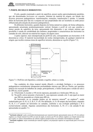 Universidade Estadual de Montes Claros
         Curso de Zootecnia – Gênese, Morfologia e Classificação do Solo - Prof. Marcos Koiti Kondo                33


7. PERFIL DO SOLO E HORIZONTES

        O solo, quando examinado a partir da superfície, possui seções aproximadamente paralelas,
que são denominadas horizontes ou camadas, distintas do material de origem, em função dos
diversos processos pedogenéticos: transformações, remoções, translocações e perdas. A camada
difere do horizonte pelo fato de o conjunto de suas propriedades não ser resultante ou então pouco
influenciada pela atuação de processos pedogenéticos.
        Os diferentes horizontes, quando dispostos de forma natural no campo, de forma sobreposta,
apresentando anisotropia predominantemente vertical, formam o perfil de solo que constitui a
menor porção da superfície da terra, apresentando três dimensões e um volume mínimo que
possibilite o estudo da variabilidade dos atributos, propriedades e características dos horizontes ou
camadas do solo, além de seu material de origem, em alguns casos.
        A parte superior, mais intemperizada do perfil do solo, correspondente aos horizontes A+B
denomina-se sólum. O material inconsolidado de rochas intemperizadas, de qualquer material de
origem, que recobre extensas áreas da superfície terrestre, denomina-se regolito (Figura 7.1).




Figura 7.1. Perfil de solo hipotético, contendo o regolito, sólum e a rocha.

        Nas condições de clima tropical úmido (Brasil), a atividade biológica e os processos
pedogenéticos normalmente ultrapassam profundidades maiores que 200 cm. Porém, por questões
práticas de execução de trabalhos de campo, principalmente, o limite fixado para o estudo do solo é
de 200 cm, exceto quando:
    a) O horizonte A exceder a 150 cm de espessura, passando-se o limite para 300 cm, ou;
    b) No perfil, estiver presente o horizonte E, cuja espessura somada a do A seja igual ou maior
        que 200 cm, passando-se o limite para 400 cm.
       Os horizontes ou as camadas podem ser de natureza mineral40 ou orgânica41, sendo
simbolizados por: O, H, A, E, B, C, F e R. Por definição, A, E e B sempre são horizontes, enquanto
O, H, C e F podem ser horizontes ou camadas, conforme a sua evolução pedológica e R é
exclusivamente camada. Algumas características dos horizontes A, B e C e da camada R são
apresentadas no quadro 7.1.


40
   horizonte mineral: seção constituída dominantemente por material mineral, apresentando menos de 12% de carbono
orgânico se a fração mineral tiver 60% ou mais de argila, ou menos que 8% de carbono orgânico se a fração mineral não
tiver argila; ou valores intermediários de carbono orgânico proporcionais aos conteúdos intermediários de argila.
41
   horizonte orgânico: seção constituída por material orgânico, em proporção superior ao especificado para o horizonte
mineral.
 