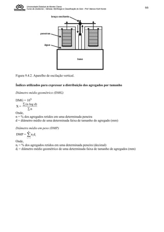Universidade Estadual de Montes Claros
        Curso de Zootecnia – Gênese, Morfologia e Classificação do Solo - Prof. Marcos Koiti Kondo   66




Figura 9.4.2. Aparelho de oscilação vertical.

Índices utilizados para expressar a distribuição dos agregados por tamanho

Diâmetro médio geométrico (DMG)

DMG = 10X
      (n log d)
X=
         n
Onde,
n = % dos agregados retidos em uma determinada peneira
d = diâmetro médio de uma determinada faixa de tamanho do agregado (mm)

Diâmetro médio em peso (DMP)
         n
DMP =   n d
        i=1
              i i


Onde,
ni = % dos agregados retidos em uma determinada peneira (decimal)
di = diâmetro médio geométrico de uma determinada faixa de tamanho de agregados (mm)
 