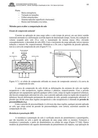 Universidade Estadual de Montes Claros
         Curso de Zootecnia – Gênese, Morfologia e Classificação do Solo - Prof. Marcos Koiti Kondo   68


        Planta
            -      Baixa emergência;
            -      Variação no tamanho;
            -      Folhas amarelecidas;
            -      Sistema radicular superficial e horizontal;
            -      Raízes mal formadas e/ou tortas.

Métodos para avaliar a compactação do solo

Ensaio de compressão uniaxial

       Consiste na aplicação de uma carga sobre o solo (corpo de prova), em um único sentido
(uniaxial) anotando-se a deformação ocorrida depois de determinado tempo. Assim, há a redução do
volume ocupado pelo solo (VT), com a manutenção da mesma massa (Ms), elevando
conseqüentemente, a densidade do solo (DS). Com o incremento da carga aplicada, tem-se maiores
reduções e maiores Ds, respectivamente. Plotando-se a Ds com o logaritmo da pressão aplicada,
tem-se a curva de compressão do solo (Figura 9.7.1).


   a)                                                                    b)




Figura 9.7.1. a) célula de compressão utilizada no ensaio de compressão uniaxial e b) curva de
           compressão do solo.

        A curva de compressão do solo divide as deformações da estrutura do solo em regiões
recuperáveis e não recuperáveis, regiões elásticas e plásticas, respectivamente. Caso a pressão
aplicada por um equipamento agrícola qualquer sobre o solo, esteja na região recuperável (elástica),
não haverá compactação adicional do solo; caso a pressão aplicada esteja na região não recuperável
(plástica), haverá deformação permanente da estrutura do solo, gerando compactação adicional. A
pressão que divide estas duas regiões (recuperáveis e não recuperáveis) é chamada de pressão de
preconsolidação (p).
        Como a pressão de preconsolidação é a divisora das duas regiões, qualquer pressão aplicada
ao solo, que esteja acima da pressão de preconsolidação, com certeza, acarretará aumento da
compactação do solo.

Resistência à penetração (RP)

        A resistência à penetração do solo é verificada através de penetrômetros e penetrógrafos,
que são inseridos no solo a partir da aplicação de uma carga sobre os mesmos. Fornecem a
resistência à penetração, a partir de dinamômetros ou células de carga (Figura 9.7.2ab). Outros
modelos de penetrômetro são aqueles denominados de penetrômetros de impacto, cuja aplicação da
 
