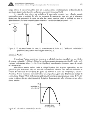 Universidade Estadual de Montes Claros
        Curso de Zootecnia – Gênese, Morfologia e Classificação do Solo - Prof. Marcos Koiti Kondo   69


carga, através de sucessivos golpes com um soquete, permite simultaneamente a identificação da
resistência à penetração (também conhecido como penetrômetro de Stolf).
        A expressão dos valores de resistência à penetração somente tem validade quando
comparados com a umidade do solo no momento da penetração, uma vez que é altamente
dependente da quantidade de água no solo. Para tanto, deve-se medir a umidade do solo e,
posteriormente, plotar os valores contra a resistência à penetração (RP) (Figura 9.7.2c).

a)                         b)                        c)




Figura 9.7.2. a) penetrômetro de cone; b) penetrômetro de bolso e c) Gráfico da resistência à
           penetração (RP) versus umidade gravimétrica (U).

Ensaio de Proctor

       O ensaio de Proctor consiste em compactar o solo (três ou cinco camadas), em um cilindro
de volume conhecido (1.000 ou 2.300 cm3), usando um soquete de peso conhecido (2,5 ou 4,5 kgf),
variando o número de golpes (25, 28, 36 ou 60 golpes), obtendo assim diferentes níveis de energia
de compactação.
       Esse ensaio permite obter a curva de compactação do solo, a qual é representada por um
gráfico no qual plota-se no eixo das abscissas os valores de umidade e no eixo das ordenadas os
valores de densidade do solo (Ds). No ponto de máxima da curva de compactação, tem-se a
densidade do solo máxima e a umidade ótima de compactação, para uma determinada energia de
compactação (Figura 9.7.3). Embora seja relativamente simples a sua execução, o ensaio de Proctor
possui restrições, devido principalmente à destruição da estrutura do solo, pelos sucessivos golpes
com o soquete.




Figura 9.7.3. Curva de compactação do solo.
 