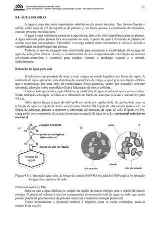 Universidade Estadual de Montes Claros
        Curso de Zootecnia – Gênese, Morfologia e Classificação do Solo - Prof. Marcos Koiti Kondo   71


9.8. ÁGUA DO SOLO

        A água é uma das mais importantes substâncias da crosta terrestre. Nas formas líquida e
sólida, cobre mais de 2/3 da superfície do planeta, e, na forma gasosa, é constituinte da atmosfera,
estando presente em toda parte.
        A água é uma substância essencial à agricultura, pois é de vital importância para as plantas.
A água utilizada pelas plantas fica armazenada no solo, a partir do qual é fornecida às plantas de
acordo com suas necessidades. Entretanto, a recarga natural deste reservatório é variável, devido a
variabilidade na distribuição das chuvas.
        Todavia, o uso de irrigação tem contribuído para minimizar a variabilidade da recarga de
água do solo pelas chuvas. Assim, o conhecimento de seu comportamento em relação ao sistema
solo-planta-atmosfera é essencial para estudos visando a produção vegetal e a animal,
indiretamente.

Retenção de água pelo solo

        O solo tem a propriedade de atrair e reter a água no estado líquido e em forma de vapor. A
molécula de água apresenta uma distribuição assimétrica de carga, a qual gera um dipolo elétrico
que é responsável por uma série de propriedades físico-químicas, como, por exemplo: solvente
universal, adsorção sobre superfície sólida e hidratação de íons e colóides.
        Como o solo apresenta cargas elétricas, as moléculas de água se orientam para serem retidas.
Nesta interação solo-água, verifica-se a influência de forças de adsorção (coesão e adesão) (Figura
9.8.1a).
        Além destas forças, a água do solo pode ser retida por capilaridade. A capilaridade atua na
retenção de água na região de baixa sucção (solo úmido). Na região de alta sucção (solo seco), as
forças de adsorção passam a dominar o fenômeno de retenção de água do solo (Figura 9.8.1b),
surge então um componente do estado de energia potencial da água no solo, o potencial mátrico ou
matricial.


  a)                                                                  b)




Figura 9.8.1. Interação água-solo. a) forças de coesão (H2O-H2O) e adesão (H2O-argila). b) retenção
          da água nos capilares do solo.

Potencial mátrico (m)
        Sabe-se que a água desloca-se sempre da região de maior energia para a região de menor
energia. O potencial mátrico é um dos componentes do potencial total da água no solo, que ainda
possui: potencial gravitacional, de pressão, matricial e osmótico (energia potencial).
        Como normalmente o potencial mátrico é negativo, para se evitar confusões, pode-se
chamá-lo de sucção.
 