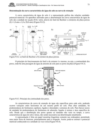 Universidade Estadual de Montes Claros
        Curso de Zootecnia – Gênese, Morfologia e Classificação do Solo - Prof. Marcos Koiti Kondo   73


Determinação da curva característica de água do solo ou curva de retenção

       A curva característica de água do solo é a representação gráfica das relações umidade-
potencial matricial. Os aparelhos utilizados para a determinação da curva característica de água do
solo são a unidade de sucção (0-0,1 atm), através do funil de Buchner e extratores de placa porosa
(0,1-1,0 atm e 1,0 a 20,0 atm) (Figura 9.8.2).


a)                                                                        b)




Figura 9.8.2. a) funil de Buchner e b) extrator de placa porosa.

       O princípio de funcionamento do funil e do extrator é o mesmo, ou seja, a continuidade dos
poros, onde há uma passagem de água da amostra de solo para os poros da placa (Figura 9.8.3).




Figura 9.8.3. Princípio da continuidade dos poros.

       As características da curva de retenção de água são específicas para cada solo, podendo
ocorrer variações entre horizontes de um mesmo perfil do solo. Para altas umidades, há
predominância de fenômenos capilares, ligados à densidade e estrutura do solo. Para baixos teores
de umidade há predominância de fenômenos de adsorção, ligados à textura e área específica do
solo. Desde que a distribuição dos poros quanto ao tamanho não varie no tempo, a curva
característica de água do solo é única, não sendo necessária sua determinação anualmente.
       A representação é feita em papel monolog (logaritmo somente nas ordenadas), permitindo
uma maior faixa de interesse, principalmente para a irrigação. Assim, pode-se estimar o potencial
matricial conhecendo-se a umidade ou vice-versa (Figura 9.8.4).
 