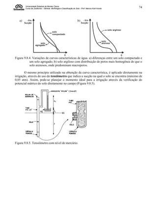 Universidade Estadual de Montes Claros
        Curso de Zootecnia – Gênese, Morfologia e Classificação do Solo - Prof. Marcos Koiti Kondo   74



   a)                                                                b)




Figura 9.8.4. Variações de curvas características de água. a) diferenças entre um solo compactado e
           um solo agregado; b) solo argiloso com distribuição de poros mais homogênea do que o
           solo arenosos, onde predominam macroporos.

        O mesmo princípio utilizado na obtenção da curva característica, é aplicado diretamente na
irrigação, através do uso do tensiômetro que indica a sucção na qual o solo se encontra (máximo de
0,85 atm). Assim, pode-se planejar o momento ideal para a irrigação através da verificação do
potencial mátrico do solo diretamente no campo (Figura 9.8.5).




Figura 9.8.5. Tensiômetro com nível de mercúrio.
 