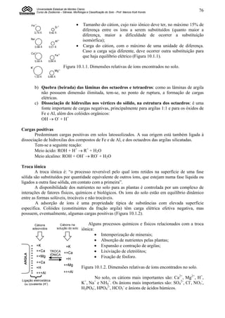 Universidade Estadual de Montes Claros
        Curso de Zootecnia – Gênese, Morfologia e Classificação do Solo - Prof. Marcos Koiti Kondo             76


                                         Tamanho do cátion, cujo raio iônico deve ter, no máximo 15% de
                                          diferença entre os íons a serem substituídos (quanto maior a
                                          diferença, maior a dificuldade de ocorrer a substituição
                                          isomórfica);
                                         Carga do cátion, com o máximo de uma unidade de diferença.
                                          Caso a carga seja diferente, deve ocorrer outra substituição para
                                          que haja equilíbrio elétrico (Figura 10.1.1).

                              Figura 10.1.1. Dimensões relativas de íons encontrados no solo.



       b) Quebra (beirada) das lâminas dos octaedros e tetraedros: como as lâminas de argila
          não possuem dimensão ilimitada, tem-se, no ponto de ruptura, a formação de cargas
          elétricas.
       c) Dissociação de hidroxilas nos vértices do sólido, na estrutura dos octaedros: é uma
          fonte importante de cargas negativas, principalmente para argilas 1:1 e para os óxidos de
          Fe e Al, além dos colóides orgânicos:
          OH  O- + H+

Cargas positivas
       Predominam cargas positivas em solos latossolizados. A sua origem está também ligada à
dissociação de hidroxilas dos compostos de Fe e de Al, e dos octaedros das argilas silicatadas.
       Tem-se a seguinte reação:
       Meio ácido: ROH + H+  R+ + H2O
       Meio alcalino: ROH + OH-  RO- + H2O

Troca iônica
        A troca iônica é: “o processo reversível pelo qual íons retidos na superfície de uma fase
sólida são substituídos por quantidade equivalente de outros íons, que estejam numa fase líquida ou
ligados a outra fase sólida, em contato com a primeira”.
        A disponibilidade dos nutrientes no solo para as plantas é controlada por um complexo de
interações de fatores físicos, químicos e biológicos. Os íons do solo estão em equilíbrio dinâmico
entre as formas solúveis, trocáveis e não trocáveis.
        A adsorção de íons é uma propriedade típica de substâncias com elevada superfície
específica. Colóides (constituintes da fração argila) têm carga elétrica efetiva negativa, mas
possuem, eventualmente, algumas cargas positivas (Figura 10.1.2).

                                                 Alguns processos químicos e físicos relacionados com a troca
                                             iônica:
                                                      Intemperização de minerais;
                                                      Absorção de nutrientes pelas plantas;
                                                      Expansão e contração de argilas;
                                                      Lixiviação de eletrólitos;
                                                      Fixação de fósforo.

                                             Figura 10.1.2. Dimensões relativas de íons encontrados no solo.

                                                   No solo, os cátions mais importantes são: Ca2+, Mg2+, H+,
                                             K , Na e NH4+. Os ânions mais importantes são: SO42-, Cl-, NO3-,
                                               +       +

                                             H2PO4-, HPO42-, HCO3- e ânions de ácidos húmicos.
 