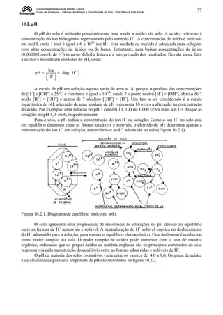 Universidade Estadual de Montes Claros
        Curso de Zootecnia – Gênese, Morfologia e Classificação do Solo - Prof. Marcos Koiti Kondo   77


10.2. pH

       O pH do solo é utilizado principalmente para medir a acidez do solo. A acidez refere-se à
concentração do íon hidrogênio, representado pelo símbolo H+. A concentração do ácido é indicada
em mol/L onde 1 mol é igual a 6 x 1023 íon H+. Esta unidade de medida é adequada para soluções
com altas concentrações de ácidos ou de bases. Entretanto, para baixas concentrações de ácido
(0,000001 mol/L de H+) torna-se difícil a leitura e a interpretação dos resultados. Devido a este fato,
a acidez é medida em unidades de pH, onde:

                 log
       pH =            -log  H + 
                              
                H+ 
                 

       A escala de pH em solução aquosa varia de zero a 14, porque o produto das concentrações
de [H+] e [OH‾] a 25°C é constante e igual a 10-14, sendo 7 o ponto neutro [H+] = [OH‾], abaixo de 7
ácido [H+] > [OH‾] e acima de 7 alcalino [OH‾] > [H+]. Um fato a ser considerado é a escala
logarítmica do pH: alteração de uma unidade de pH representa 10 vezes a alteração na concentração
do ácido. Por exemplo: uma solução no pH 3 contém 10, 100 ou 1.000 vezes mais íon H+ do que as
soluções no pH 4, 5 ou 6, respectivamente.
       Para o solo, o pH indica a concentração do íon H+ na solução. Como o íon H+ no solo está
em equilíbrio dinâmico entre as formas trocáveis e solúveis, o eletrodo de pH determina apenas a
concentração do íon H+ em solução, sem referir-se ao H+ adsorvido no solo (Figura 10.2.1).




Figura 10.2.1. Diagrama de equilíbrio iônico no solo.

        O solo apresenta uma propriedade de resistência às alterações no pH devido ao equilíbrio
entre as formas de H+ adsorvido e solúvel. A neutralização do H+ solúvel implica no deslocamento
do H+ adsorvido para a solução, para manter o equilíbrio eletroquímico. Este fenômeno é conhecido
como poder tampão do solo. O poder tampão de acidez pode aumentar com o teor de matéria
orgânica, indicando que os grupos ácidos da matéria orgânica são os principais compostos do solo
responsáveis pela manutenção do equilíbrio entre as formas adsorvidas e solúveis de H+.
        O pH da maioria dos solos produtivos varia entre os valores de 4,0 a 9,0. Os graus de acidez
e de alcalinidade para esta amplitude de pH são mostrados na figura 10.2.2.
 