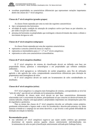 Universidade Estadual de Montes Claros
        Curso de Zootecnia – Gênese, Morfologia e Classificação do Solo - Prof. Marcos Koiti Kondo   86


   ressaltam propriedades ou características diferenciais que representam variações importantes
    dentro das classes do 1° nível categórico.


Classes do 3º nível categórico (grandes grupos)

      As classes foram separadas por uma ou mais das seguintes características:
 tipo e arranjamento dos horizontes;
 atividade de argila; condição de saturação do complexo sortivo por bases ou por alumínio, ou
  por sódio e/ou por sais solúveis;
 presença de horizontes ou propriedades que restringem o desenvolvimento das raízes e afetam o
  movimento da água no solo.


Classes do 4º nível categórico (subgrupos)

       As classes foram separadas por uma das seguintes características:
   representa o conceito central da classe (é o típico);
   representa os intermediários para o 1 °, 2° ou 3° níveis categóricos;
   representa os solos com características extraordinárias.


Classes do 5º nível categórico (famílias)

       O 5° nível categórico do sistema de classificação deverá ser definido com base em
propriedades físicas, químicas e mineralógicas e em propriedades que refletem condições
ambientais.
       Neste nível agregam-se as informações de caráter pragmático, para fins de utilização
agrícola e não agrícola dos solos, compreendendo características diferenciais para distinção de
grupamentos mais homogêneos de solos.
       O 5° nível categórico deverá ser usado em levantamentos de solos semidetalhados ou
detalhados.


Classes do 6º nível categórico (séries)

        O 6° nível categórico é a categoria mais homogênea do sistema, correspondendo ao nível de
“série de solos”, que deverá ser utilizada em levantamentos detalhados.
        A definição de classes neste nível deverá ter por base características diretamente
relacionadas com o crescimento de plantas, principalmente no que concerne ao desenvolvimento do
sistema radicular, relações solo-água-planta e propriedades importantes nas interpretações para fins
de engenharia e geotécnica.
        Para os nomes das classes do 6° nível categórico deverão ser utilizados nomes próprios,
geralmente referenciados a lugares onde a série foi reconhecida e descrita pela primeira vez, desta
maneira evitando-se o emprego de um nome descritivo, o que levaria a uma grande dificuldade de
distinção em relação às famílias.


Recomendações gerais
 nas subordens (2° nível categórico) sugere-se que sejam usados critérios que permitam
   discriminar de maneira precisa aquelas classes anteriormente individualizadas nos
   levantamentos de solos no país (classificação anteriormente utilizada pela Embrapa Solos);
 