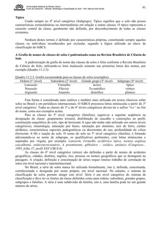 Universidade Estadual de Montes Claros
         Curso de Zootecnia – Gênese, Morfologia e Classificação do Solo - Prof. Marcos Koiti Kondo                     91


Típico
       Usado sempre no 4o nível categórico (Subgrupo). Típico significa que o solo não possui
características extraordinárias ou intermediárias em relação a outras classes. O típico representa o
conceito central da classe, geralmente não definido, por desconhecimento de todas as classes
existentes.

        Nenhum destes termos é definido por características próprias, constituindo sempre aquelas
classes ou indivíduos reconhecidos por exclusão, segundo a lógica utilizada na chave de
classificação do SiBCS.

A Grafia de nomes de classes de solos é padronizada como na Revista Brasileira de Ciência do
Solo
      A padronização da grafia do nome das classes de solos é feita conforme a Revista Brasileira
de Ciência do Solo, utilizando-se letra maiúscula somente nas primeiras letras dos nomes, por
exemplo (Quadro 11.2.3):

Quadro 11.2.3. Grafia recomendada para as classes de solos (exemplos).
  Ordem (1º nível)        Subordem (2º nível) Grande grupo (3º nível)                                 Subgrupo (4º nível)
      Latossolo               Vermelho                    ácrico                                            típico
      Neossolo                 Flúvico                 Ta eutrófico                                        vértico
      Argissolo                Amarelo                  distrófico                                         plíntico

        Esta forma é considerada mais estética e também mais utilizada em textos clássicos sobre
solos no Brasil e em periódicos internacionais. O SiBCS preconiza letras minúsculas a partir do 3o
nível categórico. Todas as classes do 3º e do 4º níveis categóricos devem ter o sufixo “ico” no fim
do nome, como nos exemplos acima.
        Para as classes do 5º nível categórico (famílias), sugere-se a seguinte seqüência na
designação da classe: grupamento textural, distribuição de cascalho e concreções no perfil,
constituição esquelética do solo, tipo de horizonte A (que não tenha sido utilizado em outros níveis
categóricos), mineralogia, saturação por bases, saturação por alumínio, teor de ferro, caráter
alofânico, características especiais pedogenéticas ou decorrentes do uso, profundidade do sólum
(horizonte A+B) e reação do solo. O nome do solo no 5º nível categórico (família), é formado
adicionando-se ao nome de subgrupo, os qualificativos pertinentes, com letras minúsculas e
separados por vírgula, por exemplo: Latossolo Vermelho acriférrico típico, textura argilosa
cascalhenta, endoconcrecionário, A proeminente, gibbsítico – oxídico, aniônico (Congresso...
1995, folha 37, perfil XXV CBCS-6).
        As classes do 6º nível categórico (séries) são definidas a partir de nomes de acidentes
geográficos, cidades, distritos, regiões, rios, pessoas ou termos geográficos que se destaquem na
paisagem. A criação, definição e conceituação de séries requer intenso trabalho de correlação de
solos em nível nacional e interinstitucional.
        No Brasil, a série de solos nunca foi utilizada formalmente, isto é, definida, conceituada,
correlacionada e designada por nome próprio, em nível nacional. No entanto, o sistema de
classificação de solos permite atingir este nível. Série é um nível categórico do sistema de
classificação e deve ter os limites da classe definidos como para ordens, subordens, grandes grupos,
subgrupos e famílias. A série é uma subdivisão da família, isto é, uma família pode ter um grande
número de séries.
 