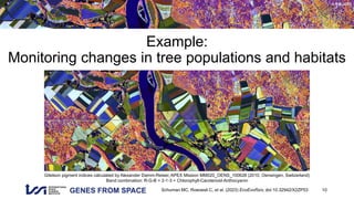 GENES FROM SPACE
© RSL UZH
Example:
Monitoring changes in tree populations and habitats
10
Gitelson pigment indices calculated by Alexander Damm-Reiser, APEX Mission MM020_OENS_100626 (2010, Oensingen, Switzerland)
Band combination: R-G-B = 2-1-3 = Chlorophyll-Carotenoid-Anthocyanin
Schuman MC, Roeoesli C, et al. (2023) EcoEvoRxiv, doi:10.32942/X2ZP53
 