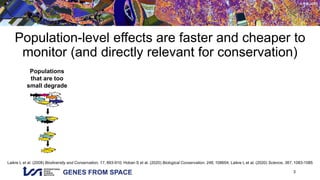 GENES FROM SPACE
© RSL UZH
Population-level effects are faster and cheaper to
monitor (and directly relevant for conservation)
3
Populations
that are too
small degrade
Laikre L et al. (2008) Biodiversity and Conservation, 17, 893-910; Hoban S et al. (2020) Biological Conservation, 248, 108654; Laikre L et al. (2020) Science, 367, 1083-1085
 