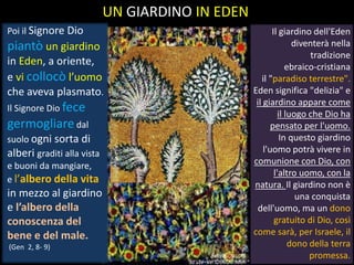 Poi il Signore Dio
piantò un giardino
in Eden, a oriente,
e vi collocò l’uomo
che aveva plasmato.
Il Signore Dio fece
germogliare dal
suolo ogni sorta di
alberi graditi alla vista
e buoni da mangiare,
e l’albero della vita
in mezzo al giardino
e l’albero della
conoscenza del
bene e del male.
(Gen 2, 8- 9)
Il giardino dell'Eden
diventerà nella
tradizione
ebraico-cristiana
il "paradiso terrestre".
Eden significa "delizia" e
il giardino appare come
il luogo che Dio ha
pensato per l'uomo.
In questo giardino
l'uomo potrà vivere in
comunione con Dio, con
l'altro uomo, con la
natura. Il giardino non è
una conquista
dell'uomo, ma un dono
gratuito di Dio, così
come sarà, per Israele, il
dono della terra
promessa.
UN GIARDINO IN EDEN
 
