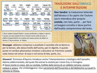 Don Sandro: la traduzione letterale
dall’ebraico ci fa capire che l’autore
sacro intendeva dire proprio
costola, non lato, parte … per fare
un’esegesi corretta si deve partire
dall’esatta comprensione del testo.
Giuseppe: abbiamo compreso e accettato il concetto che la donna è,
per la Genesi, allo stesso livello dell’uomo, pari in dignità. A questo
punto mi sembra pleonastico insistere a discutere se il termine costola
vada inteso nel senso di osso o nel senso di lato, parte, ecc.
Giovanni: Tommaso d'Aquino introduce anche l'interpretazione cristologica dell'episodio.
Adamo addormentato, dal quale Dio estrae la costola per creare Eva, è immagine
di Gesù morto in croce, dal cui costato, trafitto dalla lancia di un soldato romano, escono
sangue e acqua, che simboleggiano i due sacramenti dell'Eucaristia e del Battesimo sui quali fu
istituita la Chiesa.
TRADUZIONE DALL’EBRAICO
E INTERPRETAZIONE
E fece cadere Jhawè Elohim sonno profondo su Adam e dormì.
E prese una da costole di lui e chiuse carne sotto di essa. E
edificò Jhawè Elohim la costola che aveva preso da Adam in
donna. E fece entrare al Adam.
 