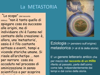 Eziologia (= pensiero sull’origine)
metastorica (= al di là della storia)
E’ un genere letterario antico che
per mezzo del racconto di un mito
riferito al passato, parla dell’uomo
come tale, indipendentemente dai
tempi e dal corso della storia.
“Lo scopo” (del racconto
biblico) “non è tanto quello di
spiegare cosa sia successo
alle origini, ma di
individuare chi è l’uomo nel
contesto della creazione: è,
allora, una ‘metastoria’,
ossia è il filo costante
sotteso a eventi, tempi e
vicende storiche umane. Si
risale all’archetipo … non
per narrare cosa sia
accaduto nel processo di
ominizzazione in senso
scientifico o per scoprire
 