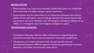 PARAMUTATION
• Paramutation is an interaction between alleles that leads to a mitotically
and meiotically heritable change in gene expression.
• Paramutation was first described as an interaction between two distinct
alleles of the same gene, recent findings indicate that paramutation-like
interactions can occur between two homologous transgenes (Meyer et al.,
1993), or a transgene and a homologous endogenous gene.
TRANSPOSONS SILENCING
• Transposon silencing, roles for DNA methylation in regulating genes
important for both cancer and development have been established.
• Transposons are mobile elements that can get transferred and
interspersed between different genomic locations, generating insertions,
deletions, and other chromosomal aberrations.
 