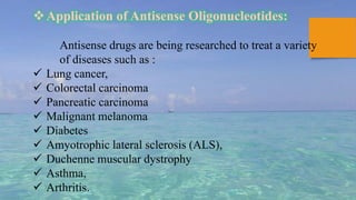 Application of Antisense Oligonucleotides:
Antisense drugs are being researched to treat a variety
of diseases such as :
 Lung cancer,
 Colorectal carcinoma
 Pancreatic carcinoma
 Malignant melanoma
 Diabetes
 Amyotrophic lateral sclerosis (ALS),
 Duchenne muscular dystrophy
 Asthma,
 Arthritis.
 