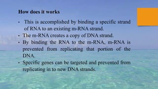 How does it works
• This is accomplished by binding a specific strand
of RNA to an existing m-RNA strand.
• The m-RNA creates a copy of DNA strand.
• By binding the RNA to the m-RNA, m-RNA is
prevented from replicating that portion of the
DNA.
• Specific genes can be targeted and prevented from
replicating in to new DNA strands.
 