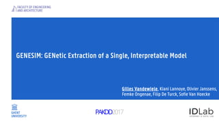 GENESIM: GENetic Extraction of a Single, Interpretable Model
Gilles Vandewiele, Kiani Lannoye, Olivier Janssens,
Femke Ongenae, Filip De Turck, Sofie Van Hoecke
 