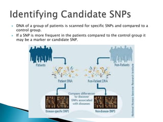    DNA of a group of patients is scanned for specific SNPs and compared to a
    control group.
   If a SNP is more frequent in the patients compared to the control group it
    may be a marker or candidate SNP.
 