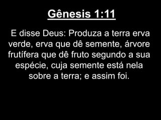 Gênesis 1:11
E disse Deus: Produza a terra erva
verde, erva que dê semente, árvore
frutífera que dê fruto segundo a sua
espécie, cuja semente está nela
sobre a terra; e assim foi.
 
