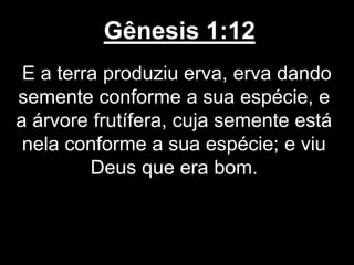 Gênesis 1:12
E a terra produziu erva, erva dando
semente conforme a sua espécie, e
a árvore frutífera, cuja semente está
nela conforme a sua espécie; e viu
Deus que era bom.
 