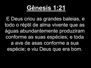 Gênesis 1:21
E Deus criou as grandes baleias, e
todo o réptil de alma vivente que as
águas abundantemente produziram
conforme as suas espécies; e toda
a ave de asas conforme a sua
espécie; e viu Deus que era bom.
 