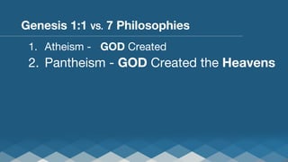 Genesis 1:1 VS. 7 Philosophies
1.  Atheism - 
GOD Created

2.  Pantheism - GOD Created the Heavens

 