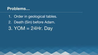Problems…
1.  Order in geological tables.
2.  Death (Sin) before Adam.

3.  YOM = 24Hr. Day

 