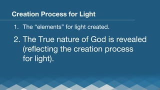 Creation Process for Light
1.  The “elements” for light created.

2.  The True nature of God is revealed
(reﬂecting the creation process
for light).

 