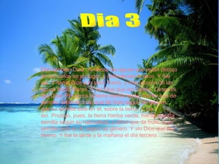 Dia 3 Dijo también Dios: Júntense las aguas que están debajo de los cielos en un lugar, y descúbrase lo seco. Y fue así. Y llamó Dios a lo seco Tierra, y a la reunión de las aguas llamó Mares. Y vio Dios que era bueno. Después dijo Dios: Produzca la tierra hierba verde, hierba que dé semilla; árbol de fruto que dé fruto según su género, que su semilla esté en él, sobre la tierra. Y fue así. Produjo, pues, la tierra hierba verde, hierba que da semilla según su naturaleza, y árbol que da fruto, cuya semilla está en él, según su género. Y vio Dios que era bueno. Y fue la tarde y la mañana el día tercero.  