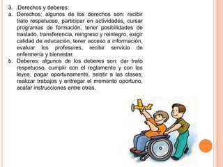 3. .Derechos y deberes:
a. Derechos: algunos de los derechos son: recibir
   trato respetuoso, participar en actividades, cursar
   programas de formación, tener posibilidades de
   traslado, transferencia, reingreso y reintegro, exigir
   calidad de educación, tener acceso a información,
   evaluar los profesores, recibir servicio de
   enfermería y bienestar.
b. Deberes: algunos de los deberes son: dar trato
   respetuoso, cumplir con el reglamento y con las
   leyes, pagar oportunamente, asistir a las clases,
   realizar trabajos y entregar el momento oportuno,
   acatar instrucciones entre otras.
 