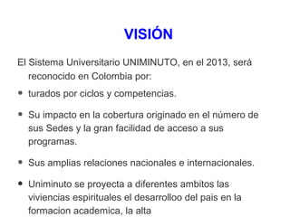 VISIÓN
El Sistema Universitario UNIMINUTO, en el 2013, será
reconocido en Colombia por:
• turados por ciclos y competencias.
• Su impacto en la cobertura originado en el número de
sus Sedes y la gran facilidad de acceso a sus
programas.
• Sus amplias relaciones nacionales e internacionales.
• Uniminuto se proyecta a diferentes ambitos las
viviencias espirituales el desarrolloo del pais en la
formacion academica, la alta
 