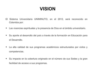 VISION
El Sistema Universitario UNIMINUTO, en el 2012, será reconocido en
Colombia por:
• Las vivencias espirituales y la presencia de Dios en el ámbito universitario.
• Su aporte al desarrollo del país a través de la formación en Educación para
el Desarrollo.
• La alta calidad de sus programas académicos estructurados por ciclos y
competencias.
• Su impacto en la cobertura originado en el número de sus Sedes y la gran
facilidad de acceso a sus programas.
 