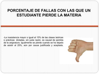 PORCENTAJE DE FALLAS CON LAS QUE UN
ESTUDIANTE PIERDE LA MATERIA
-La inasistencia mayor o igual al 15% de las clases teóricas
o prácticas dictadas, sin justa razón, es causal de perdida
de la asignatura. Igualmente se pierde cuando se ha dejado
de asistir al 25%, aún por causa justificada y aceptada.
 