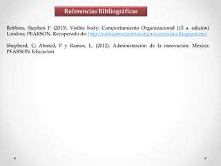 Referencias Bibliográficas
Robbins, Stephen P. (2013). Visible body: Comportamiento Organizacional (15 a. edición)
Londres: PEARSON. Recuperado de: http://todosobrecambiosorganizacionales.blogspot.mx/
Shepherd, C; Ahmed, P y Ramos, L. (2012). Administración de la innovación. Mexico:
PEARSON Educacion.