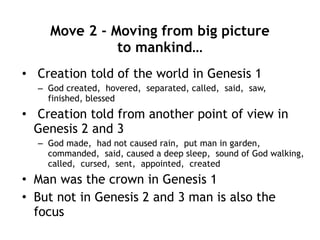 Move 1 -Moving from no picture  
to big picture…
• The world was “Tofu v’bofu” - formless and void
• Let there be:
– The world was separated in days 1, 2, 3
– The world was filled in days 4, 5, 6
– 7 times declared good
• Let us make, in our image
– Man said ‘made in God’s image’ 3 times
– To reflect on and reflect God’s glory
– Man was made, the first marriage happened
– And it was ‘very good’
• Blessings were upon the 7th day
– the animals, the image bearers and on the 7th day ( which also is
the only use of the word holy in the book, for the Sabbath)
– And God rested
 