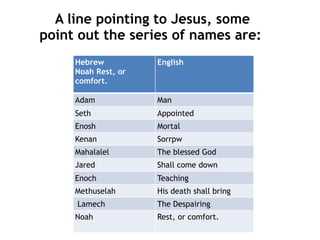 Sin and death reigning - many lived and
died with one exception (and a godly line)
• Enoch in the 7th Generation
– Walks with God and was not for God took him
• His son, Lamech (dying 5 years before the flood)
• His son, Methuselah (dying the year of the flood)
• His son, Noah (born close to the death of Adam)
 