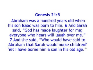 Jesus in Abraham’s life
• All families will be blessed in Abraham’s seed
(singular – Jesus)
– See Psalm 89 which makes use of singular seed of
David, and Abraham
• Abraham was willing to offer Isaac knowing God
promised his blessing through Isaac portending a
resurrection
• The encounter with Melchizedek the priest king
portends Jesus and priest king
– See psalms 109 and 110 of a mini drama on the poor
man helped in 109 and lifted to the right hand of God
on the order of Melchizadek
 