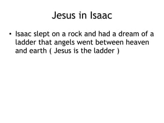Cruciformity in Isaac’s life
• Isaac learned (the hard way) his choice can be
overridden by God’s choice as to which child will
be heir
• Isaac was to stay in the promised land (Canaan)
but went to Egypt
• While Abram saying Sarah was his sister was a half
truth, Isaac saying similar of Rebecca was not
true at all
• He would come back but that was a mistake
• Isaac’s favoring of Esau would cause Jacob to flea
home for the rest of his life
• Esau and Isaac meeting again at Isaac’s funeral
 